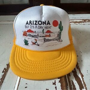 Vintage Snap Back Arizona But It's A Dry Heat Souvenir Trucker Hat Yellow
